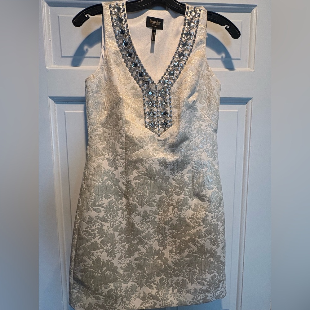 Laundry By Shelli Segal Ivory Embellished V-Neck Mini Dress